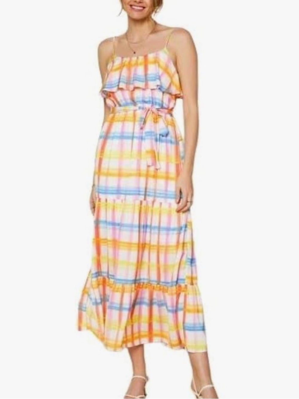Skies Are Blue Yellow Multi Plaid Ruffle Maxi Dress
